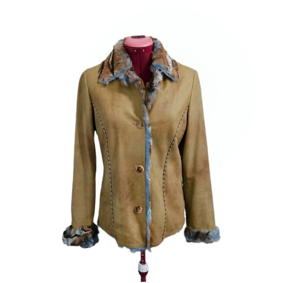 Vintage Cache Leather Faux Fur Jacket Tan Brown Blue S - Picture 1 of 16
